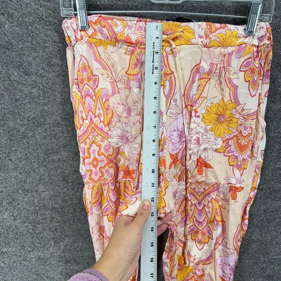 Zara Pants Women M Medium Beige Floral High Rise Chino Drawstring Flat Front - Picture 4 of 7